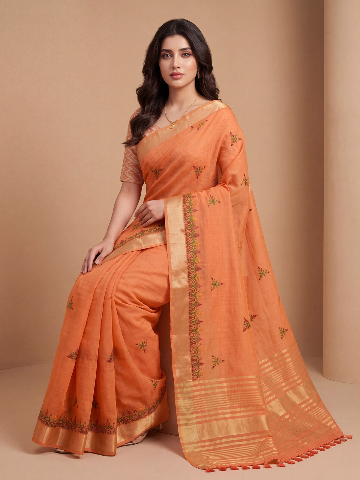 Orange Cotton Linen saree – detail view 3