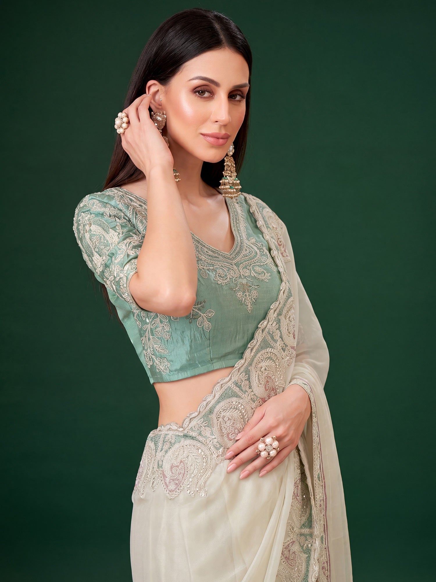 Off White Georgette saree – detail view 4