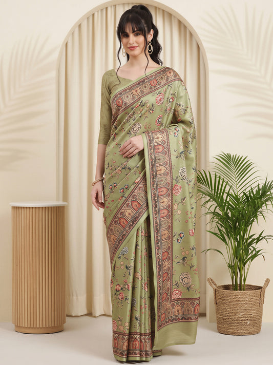 Woman wearing olive cotton blend saree with botanical floral and leaf design and olive blouse