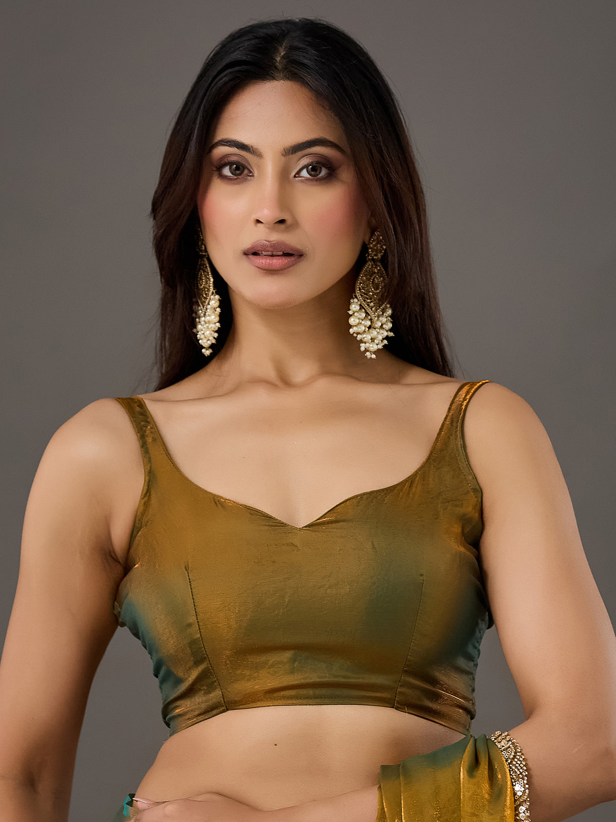 Unstitched gold satin blouse piece with solid design