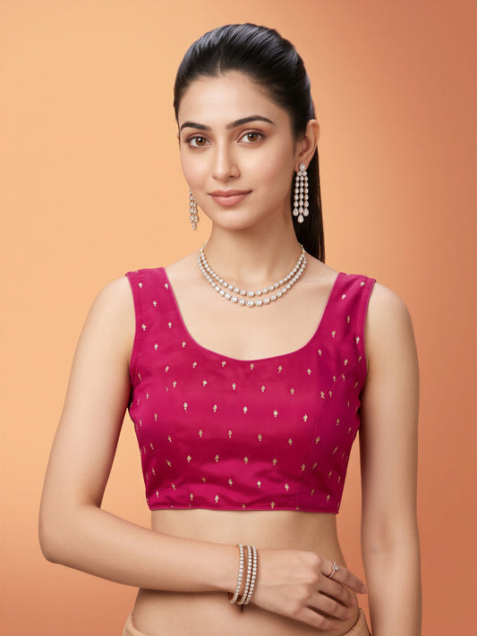 Pink sequin embellished silk blend sleeveless readymade saree blouse with round neck