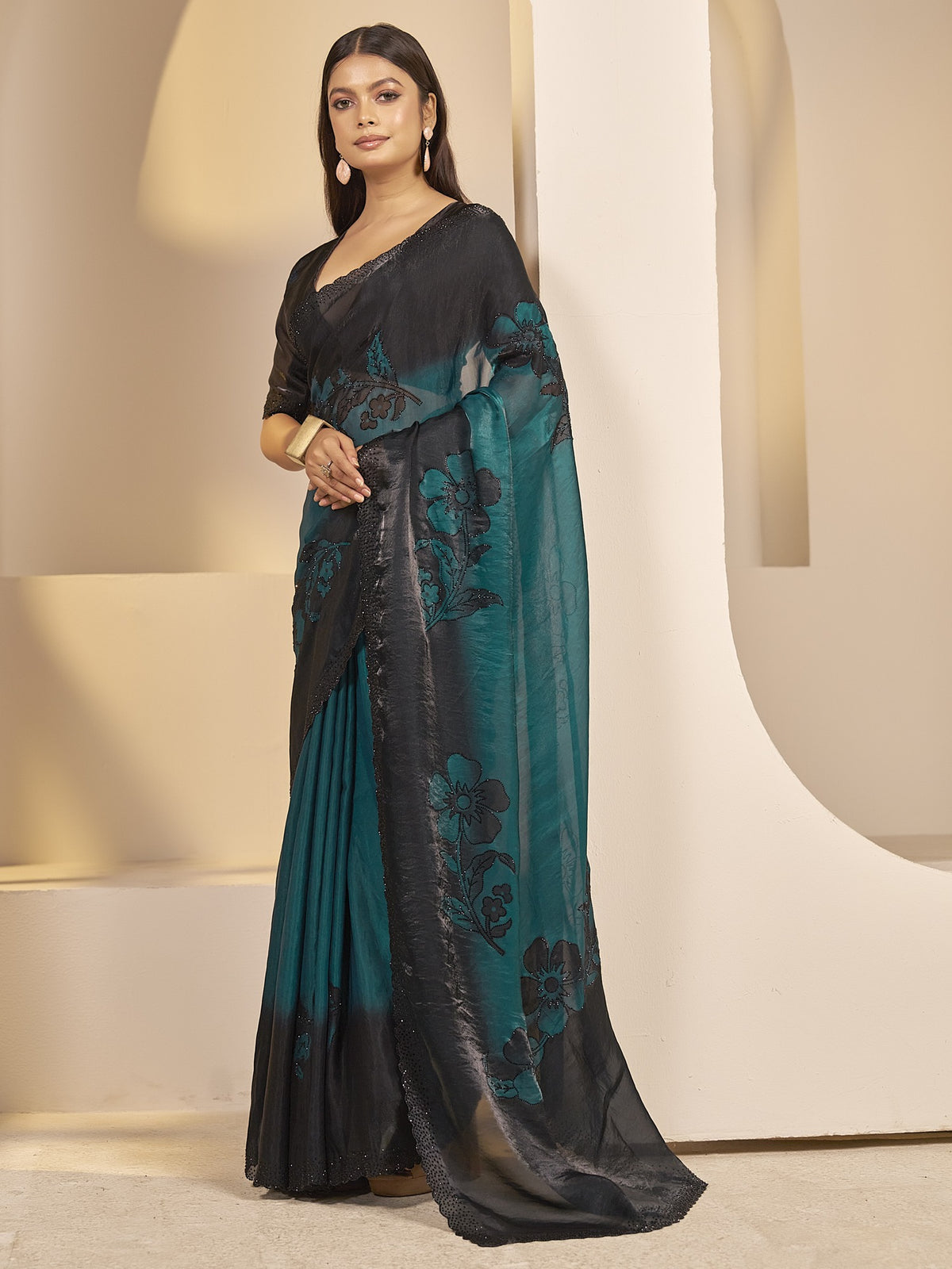 Teal satin silk saree view 1