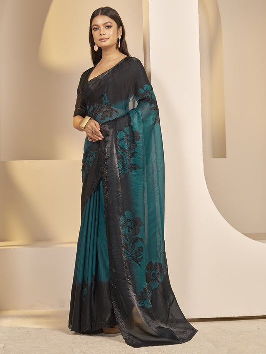 Teal satin silk saree view 1