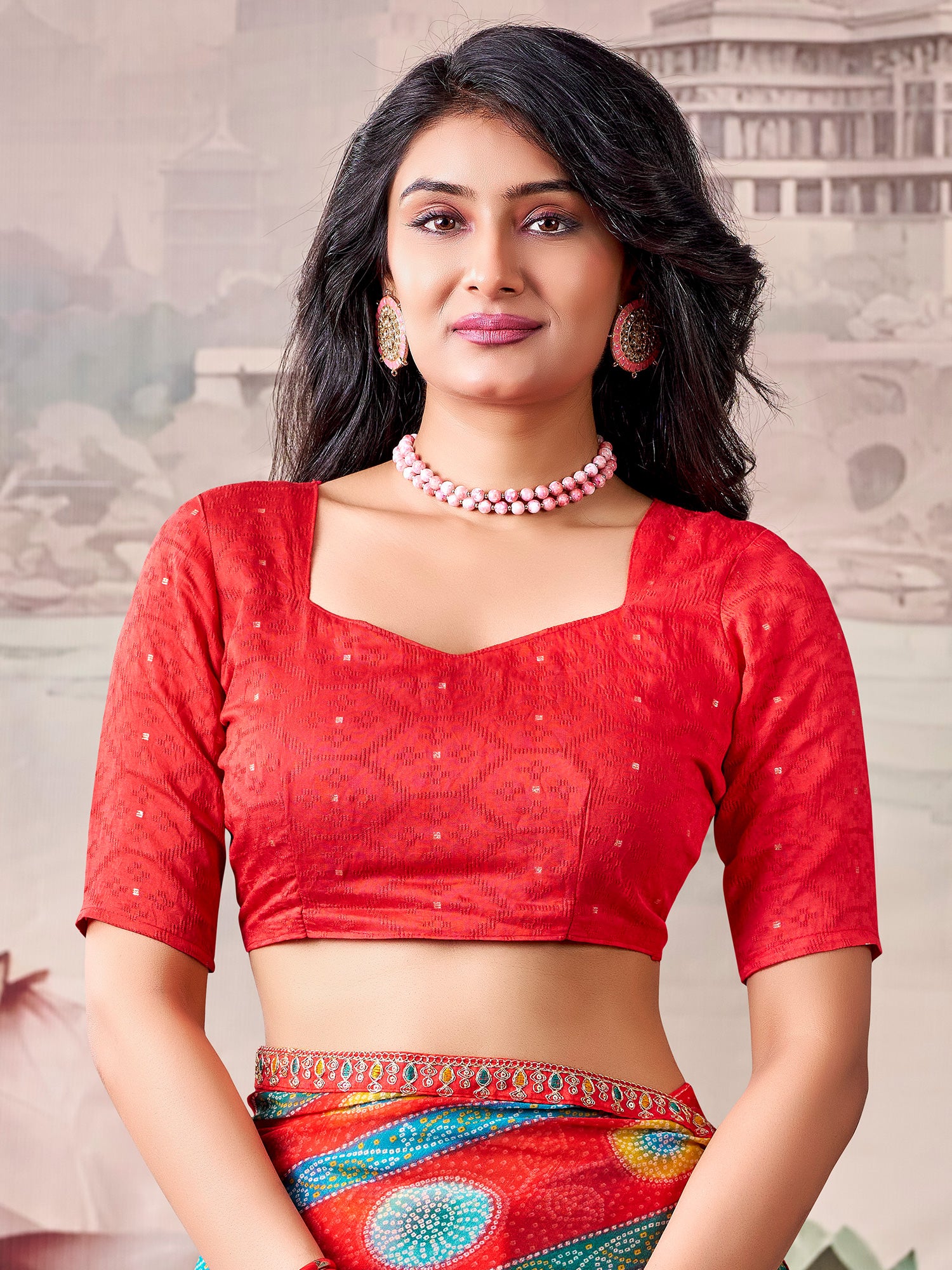 Unstitched red georgette blouse piece with zari butta design