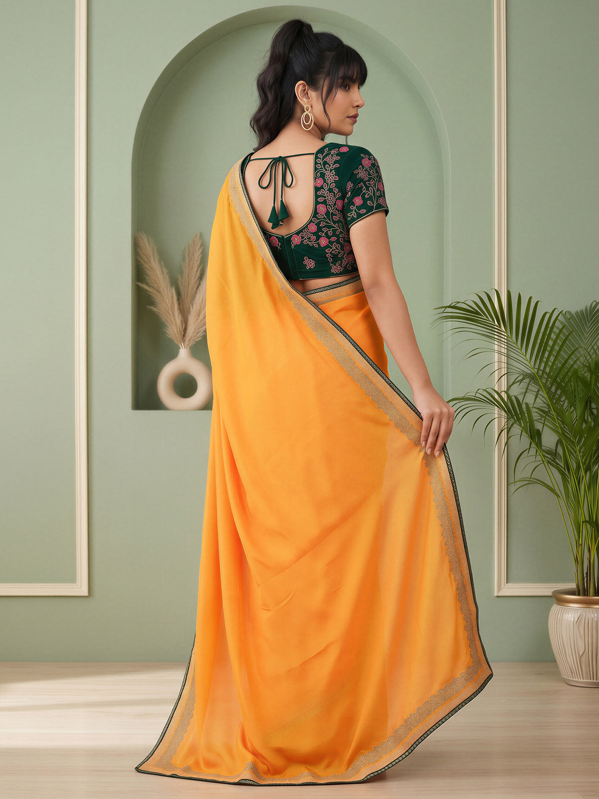 Yellow Vichitra Silk saree – detail view 1