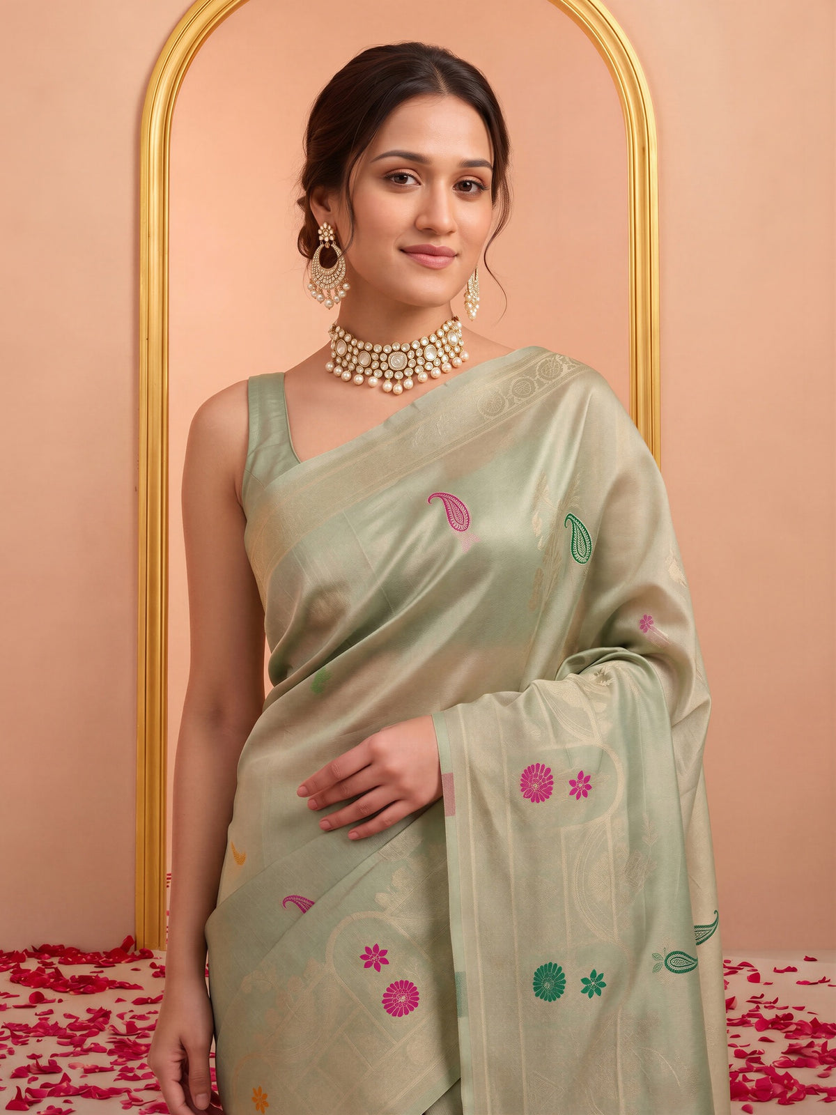 Sea Green silk blend saree view 4