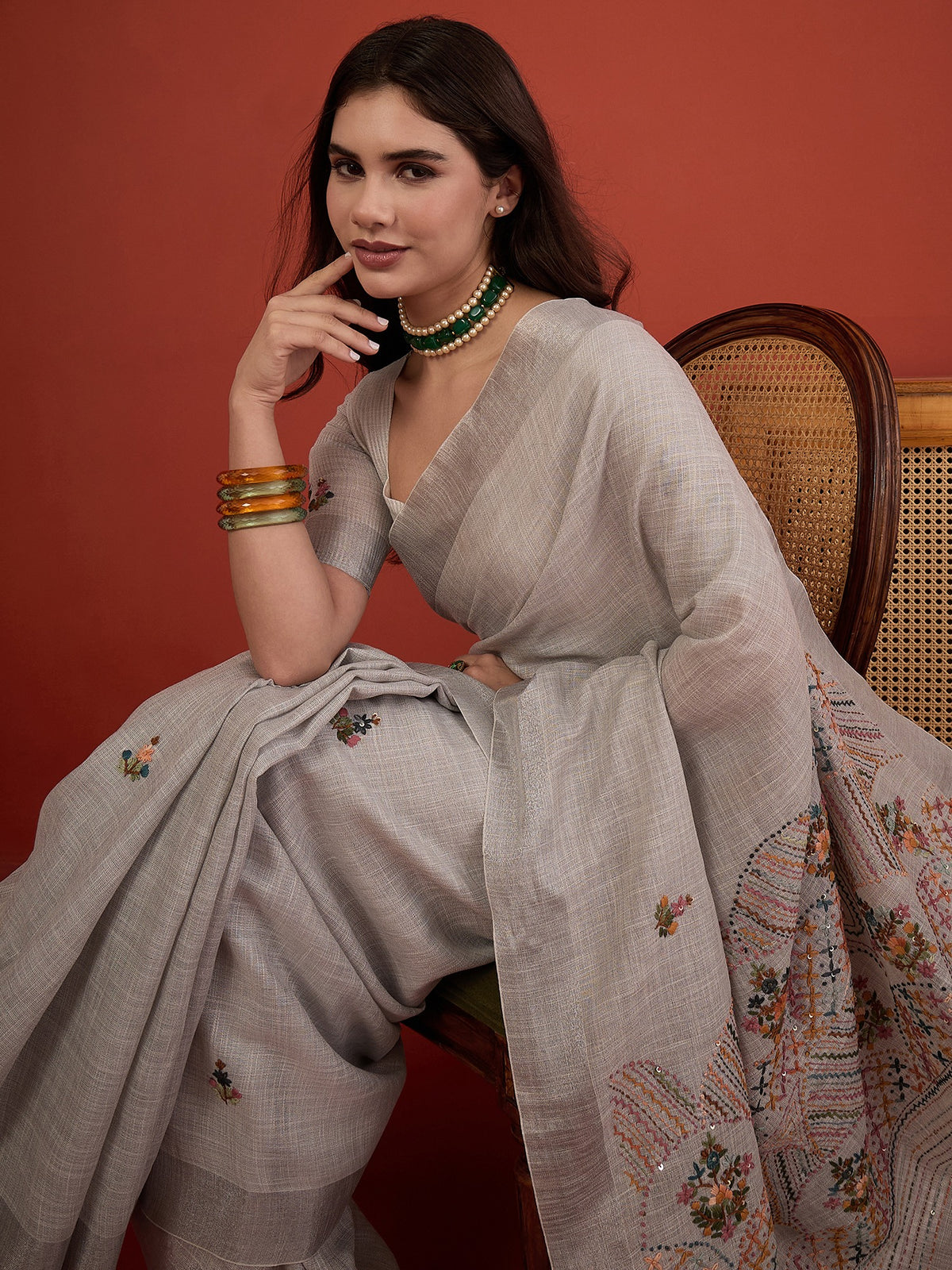 Grey Melange linen blend saree view 5