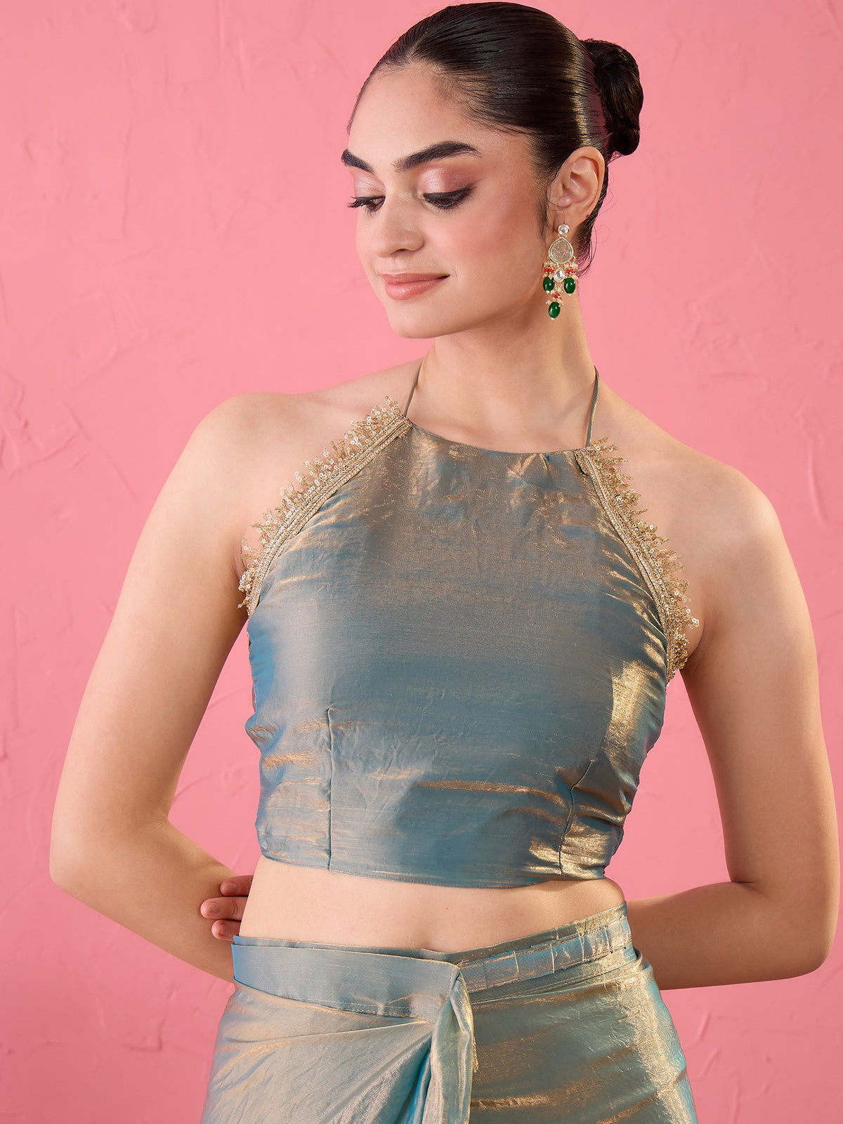 Teal Blue Paper Silk saree – detail view 2