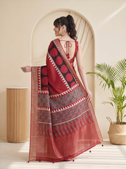 Red Viscose Silk saree – detail view 1