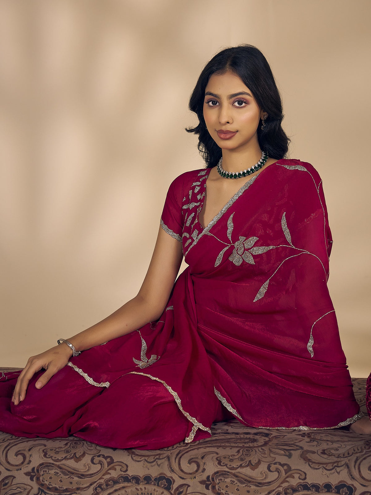 Pink satin silk saree view 6