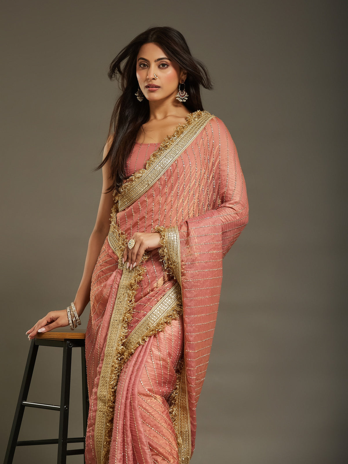 Peach Satin saree – detail view 3