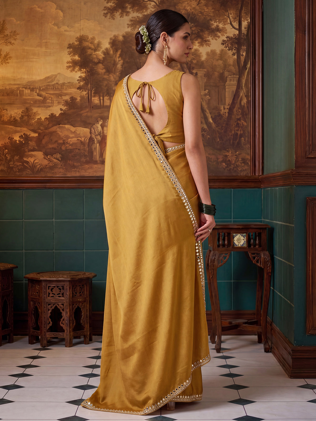 Mustard Satin saree – detail view 1
