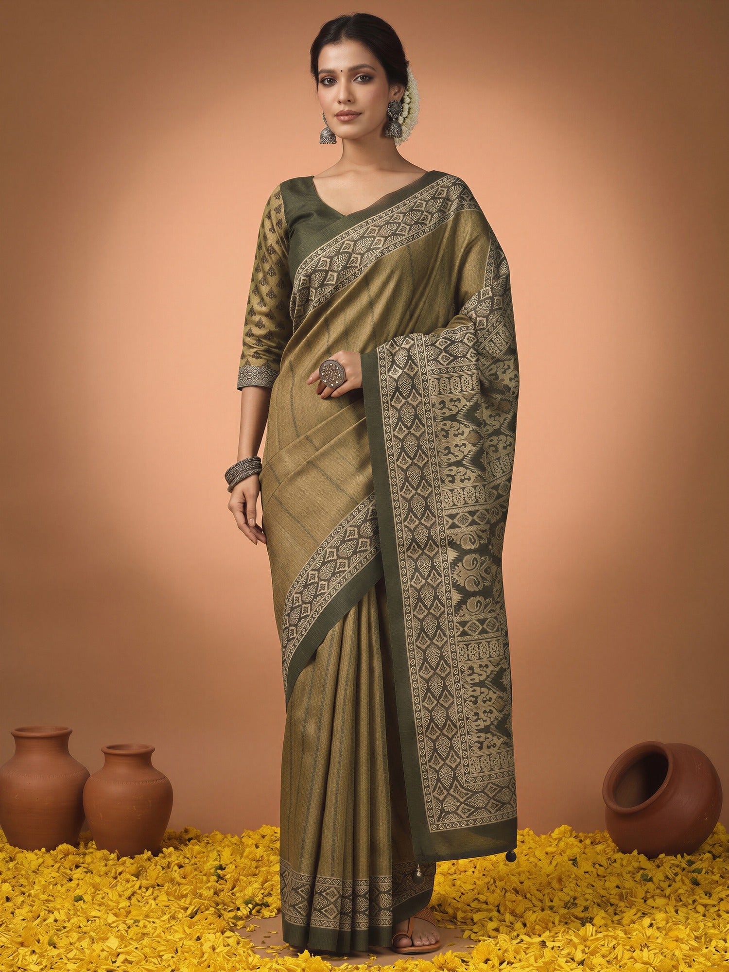 Woman wearing light green silk blend saree with striped pattern design and light green blouse