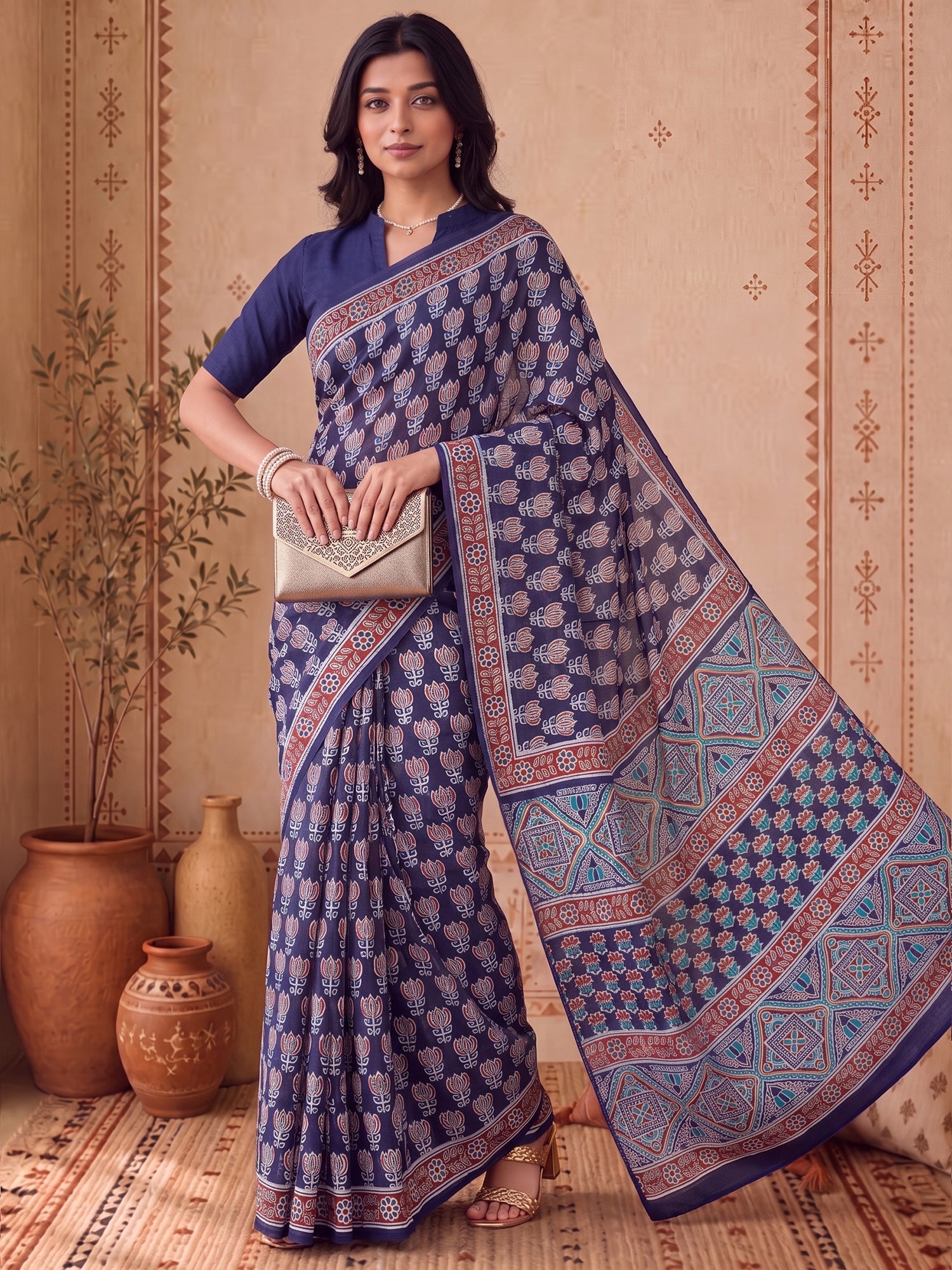 Navy Blue Bhagalpuri Silk saree – detail view 2