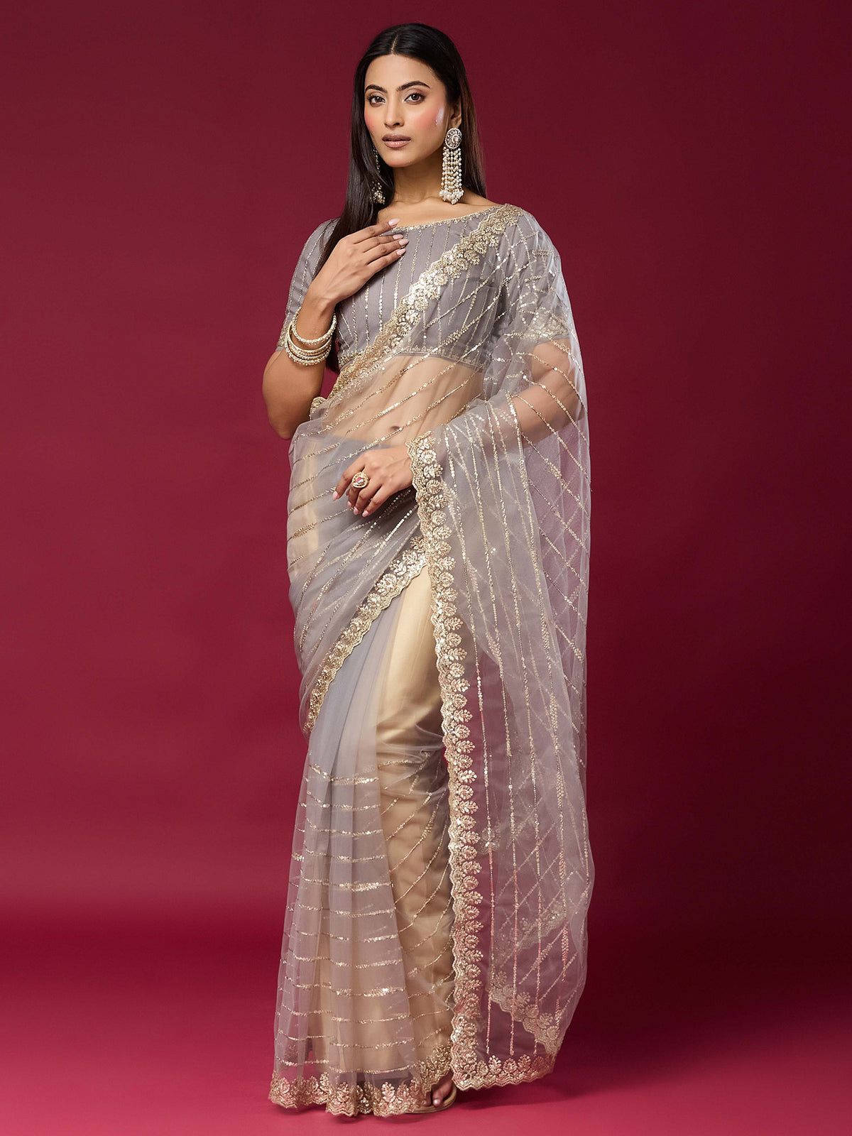 Woman wearing grey net saree with ornamented surface design and grey blouse