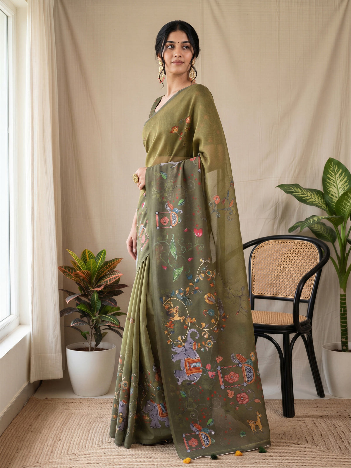 Olive Linen Blend saree – detail view 2