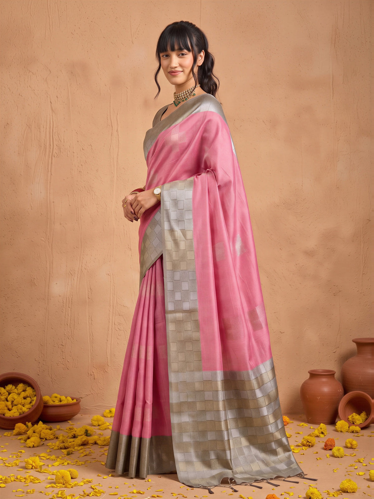 Pink Cotton Blend saree – detail view 1