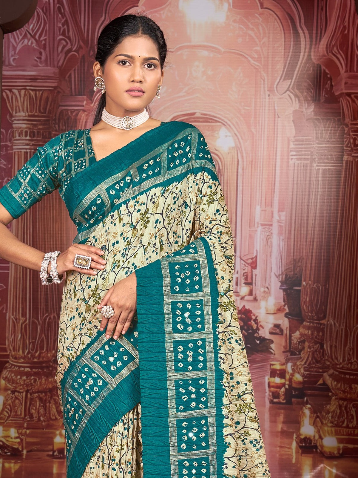 Cream tussar silk saree view 5