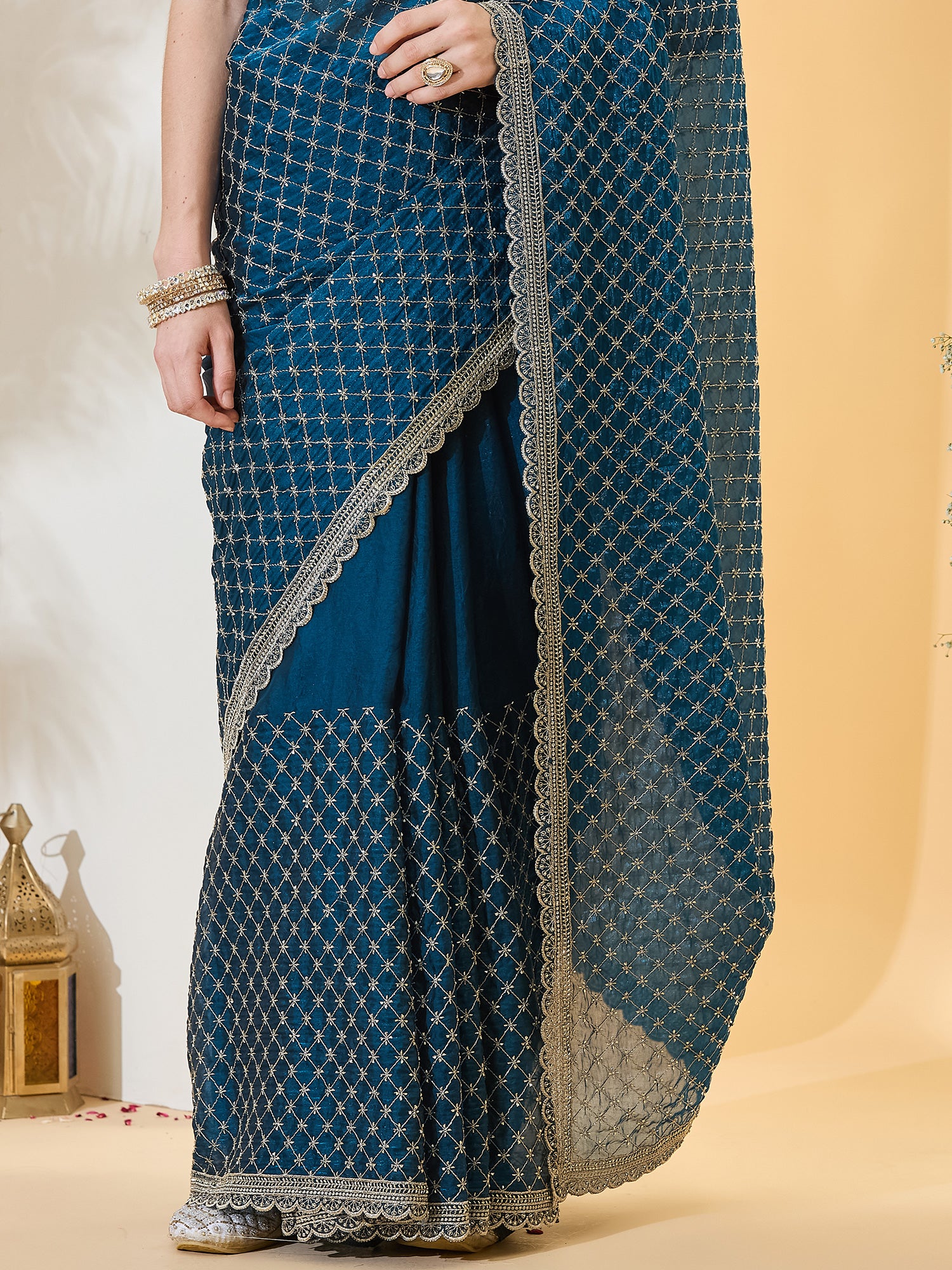 Teal Blue Satin saree – detail view 5