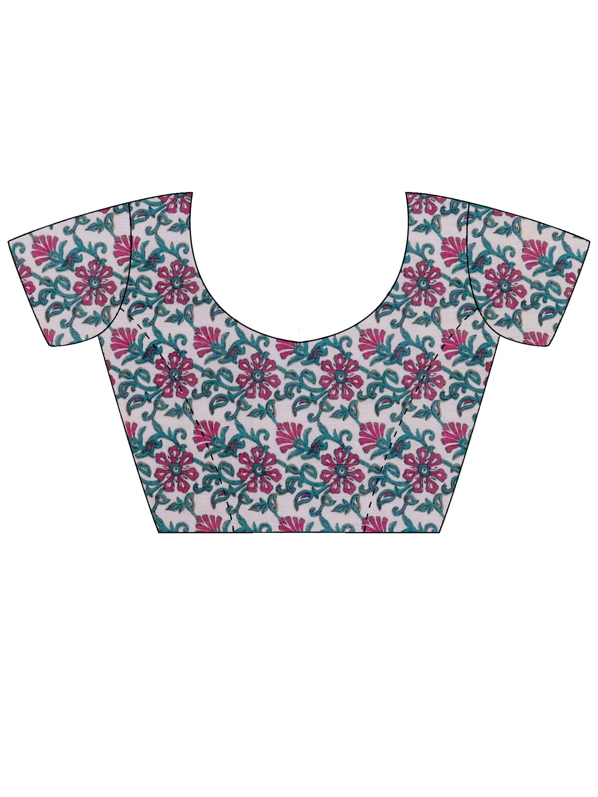 Unstitched teal blue cotton blend blouse piece with floral design