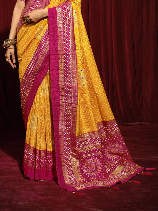 Mustard tussar silk saree view 1