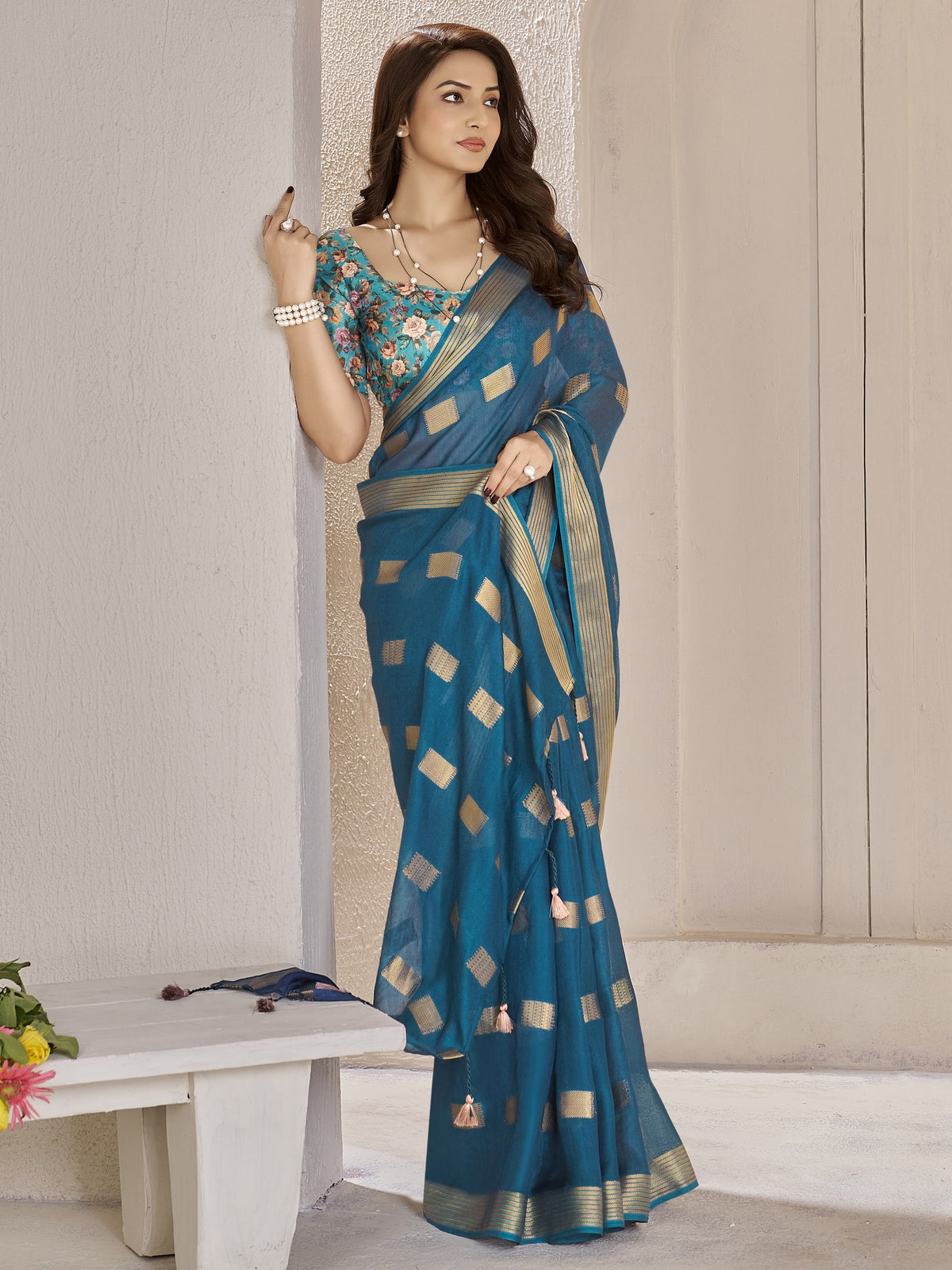 Teal Blue georgette saree view 3