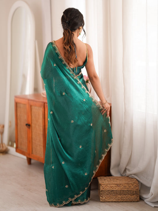 Teal Green Satin saree – detail view 1