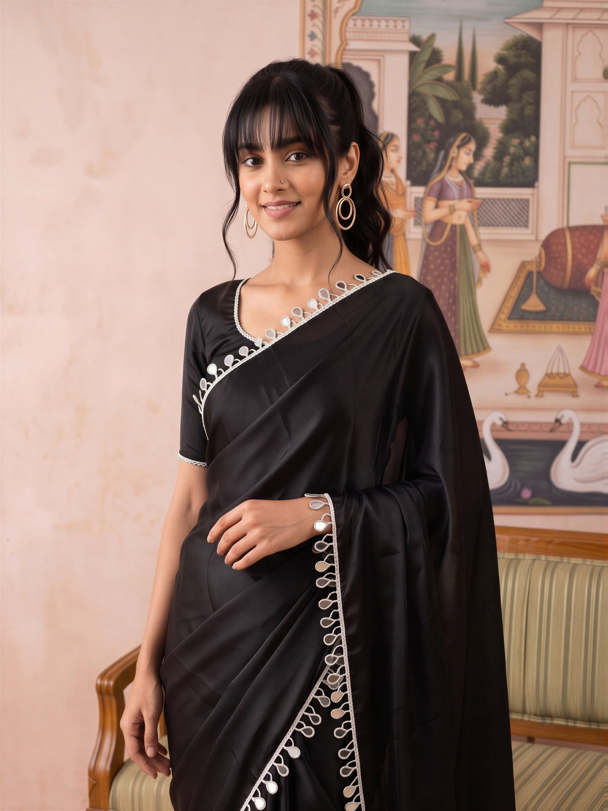 Black Satin saree – detail view 3