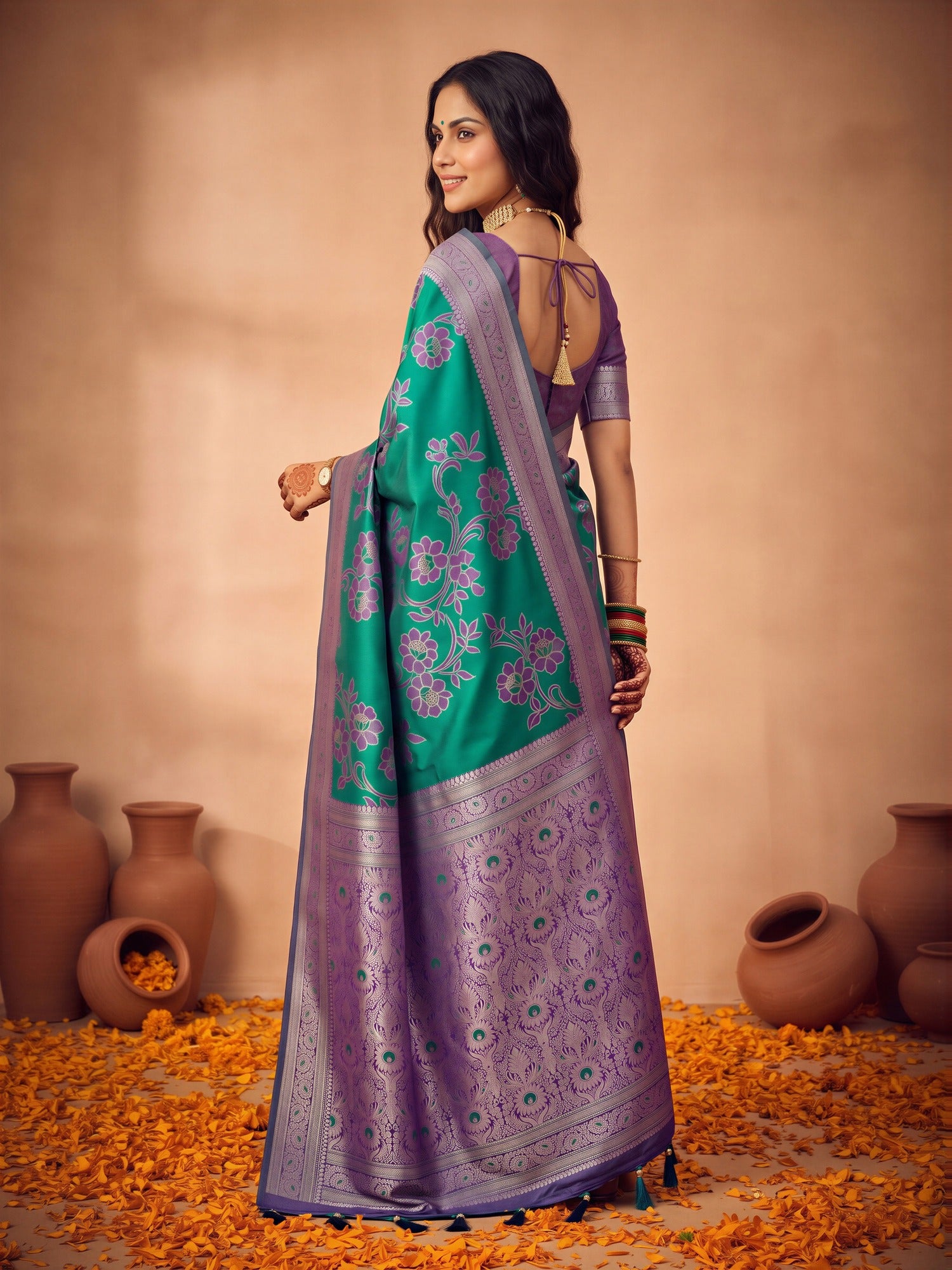 Teal Green Satin Silk saree – detail view 1