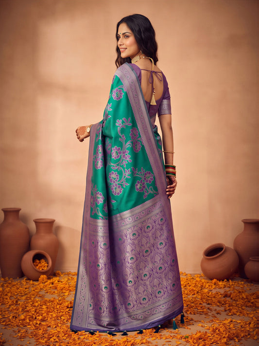 Teal Green Satin Silk saree – detail view 1