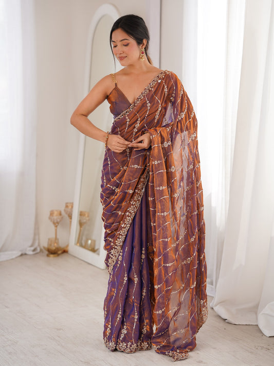 Bronze embellished satin saree with bronze blouse piece