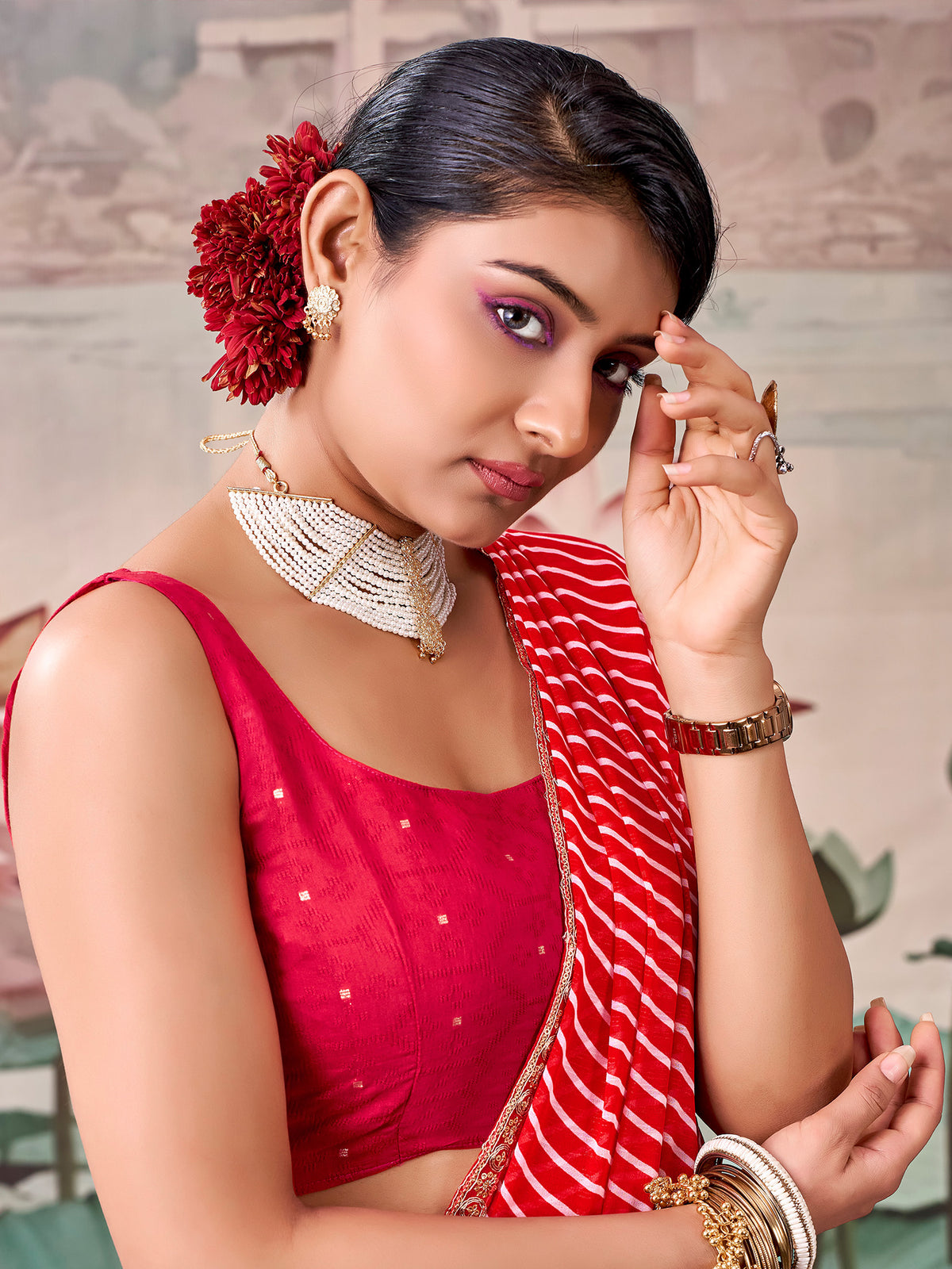 Red Georgette saree – detail view 3
