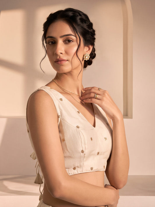 White sequin embellished vichitra silk sleeveless readymade saree blouse with v neck