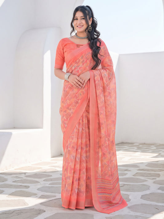 Woman wearing peach cotton linen saree with abstract contemporary design and peach blouse