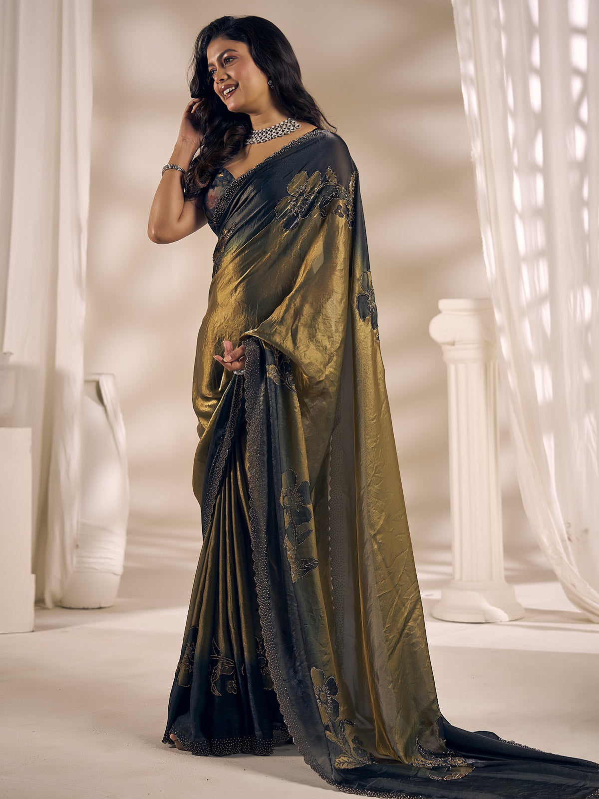 Olive satin silk saree view 1