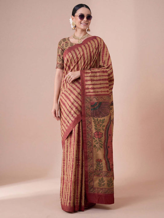 Woman wearing beige silk blend saree with madhubani folk-art motifs and beige blouse