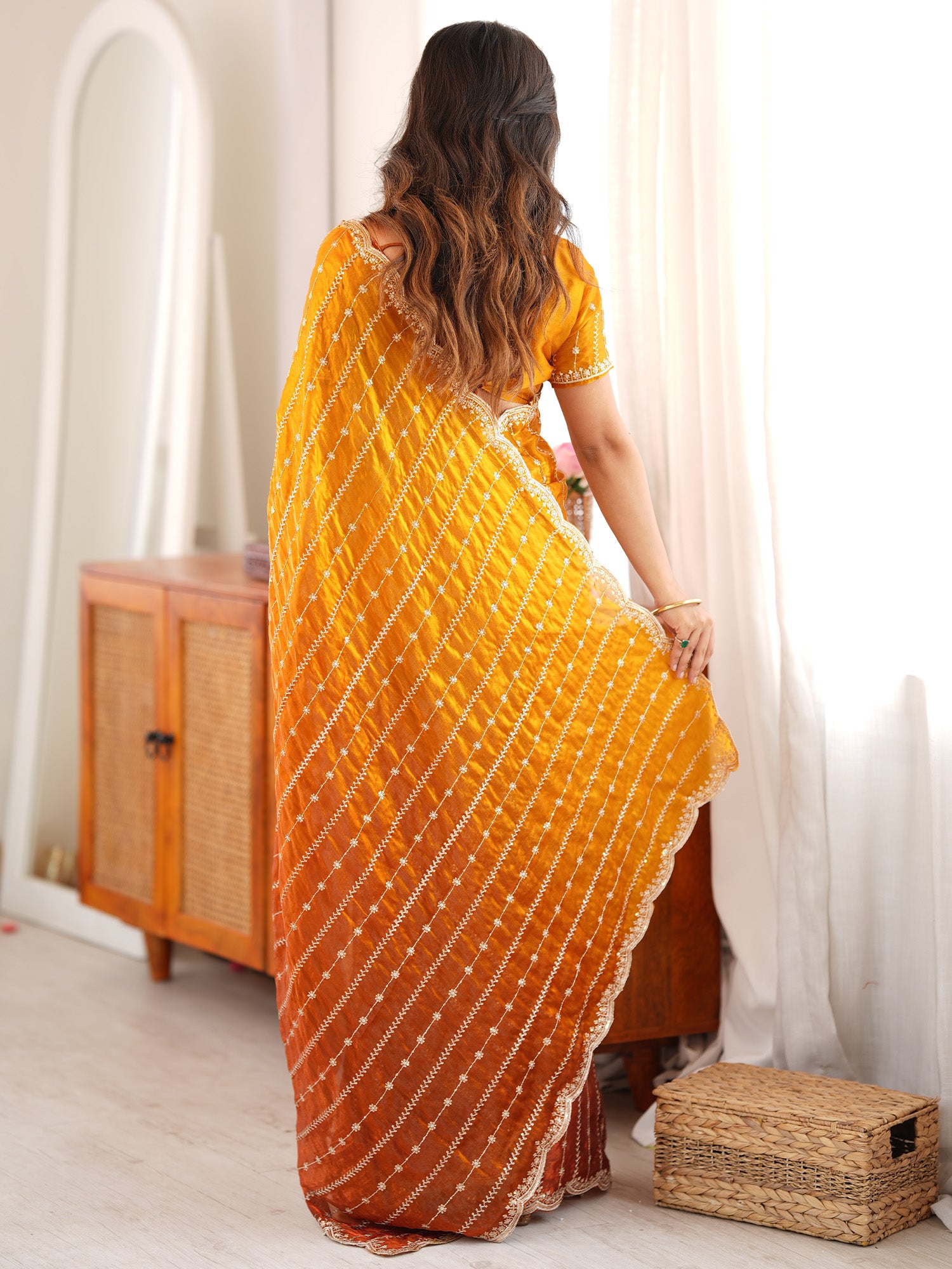 Mustard Satin saree – detail view 1