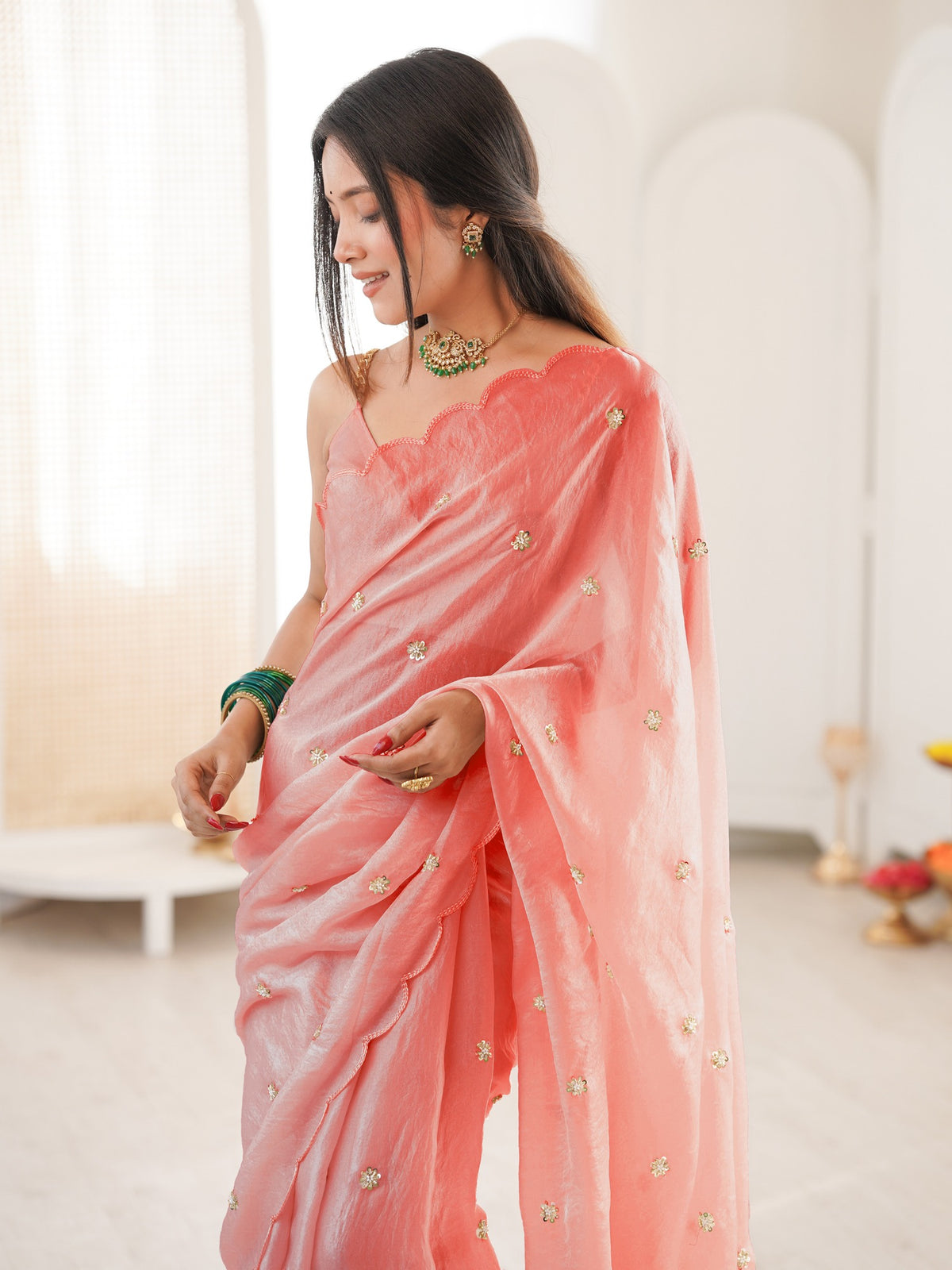 Peach satin saree view 2