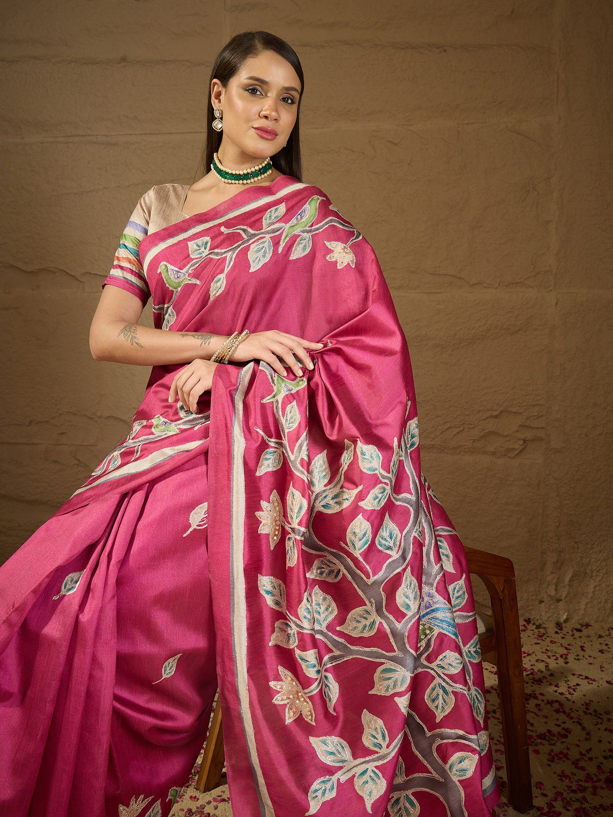 Pink art silk saree view 5
