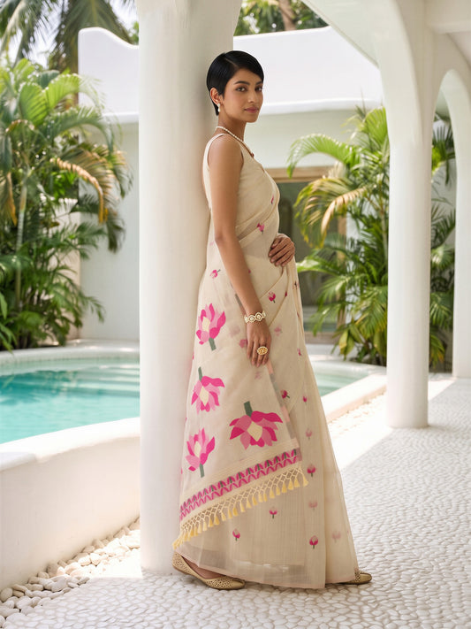 Cream Chanderi Cotton saree – detail view 1