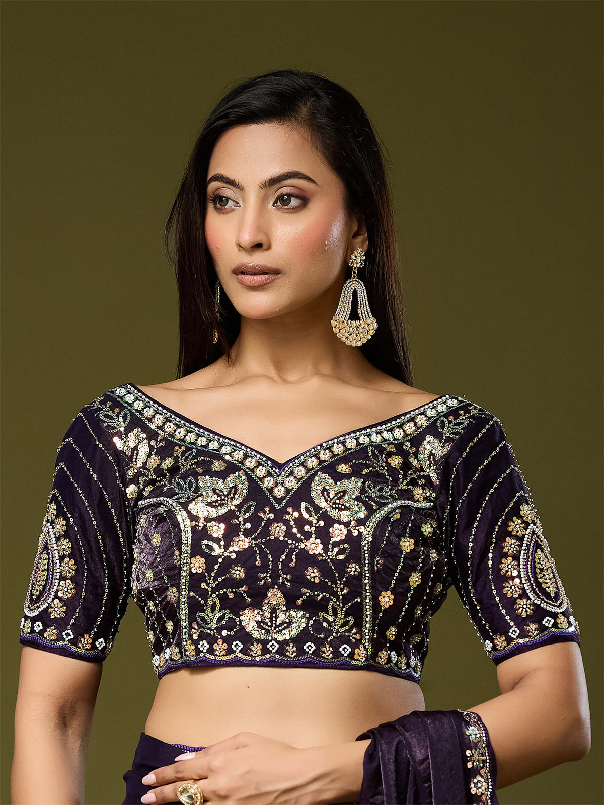 Unstitched purple satin silk blouse piece with embellished design