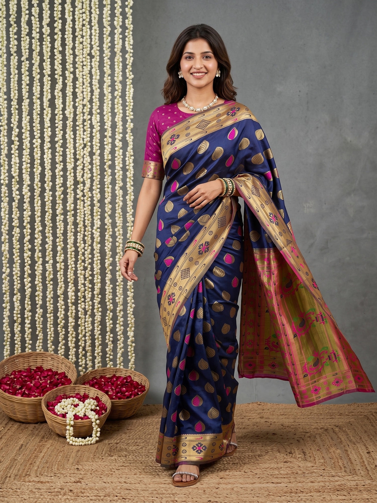 Woman wearing navy blue silk blend saree with zari butta (metallic motif) work and magenta blouse