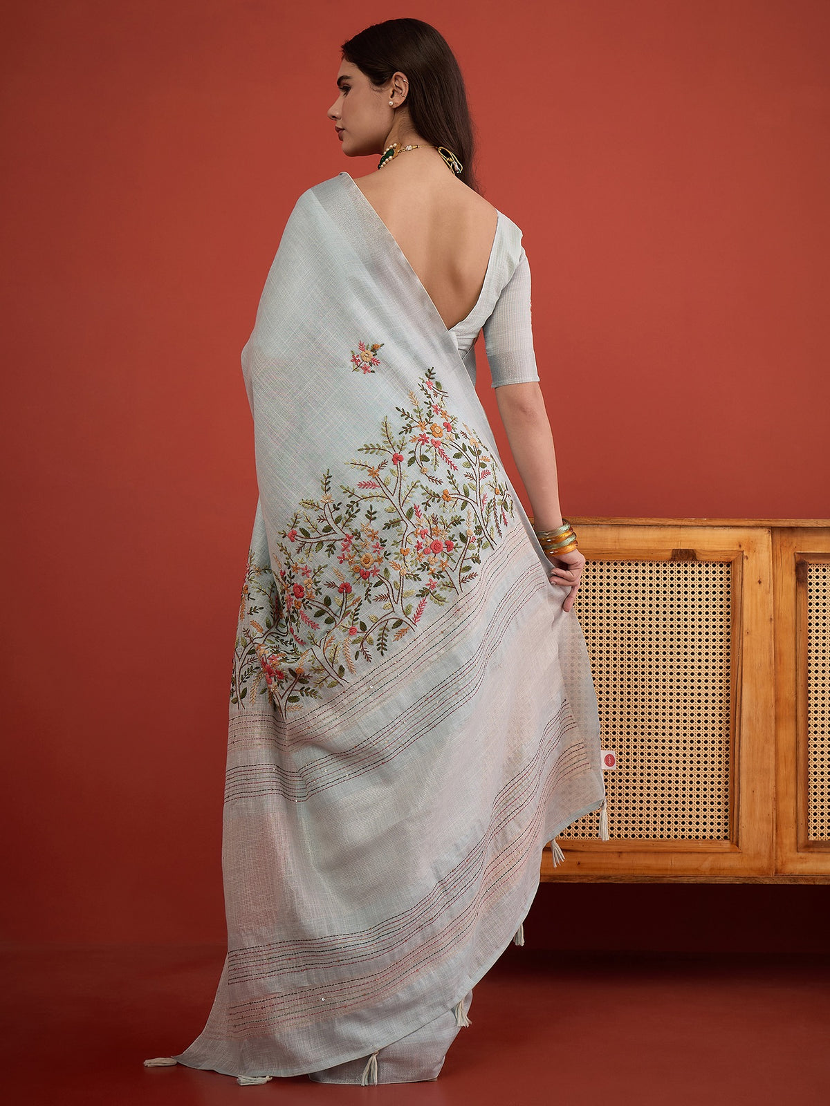 Light Blue linen blend saree view 2