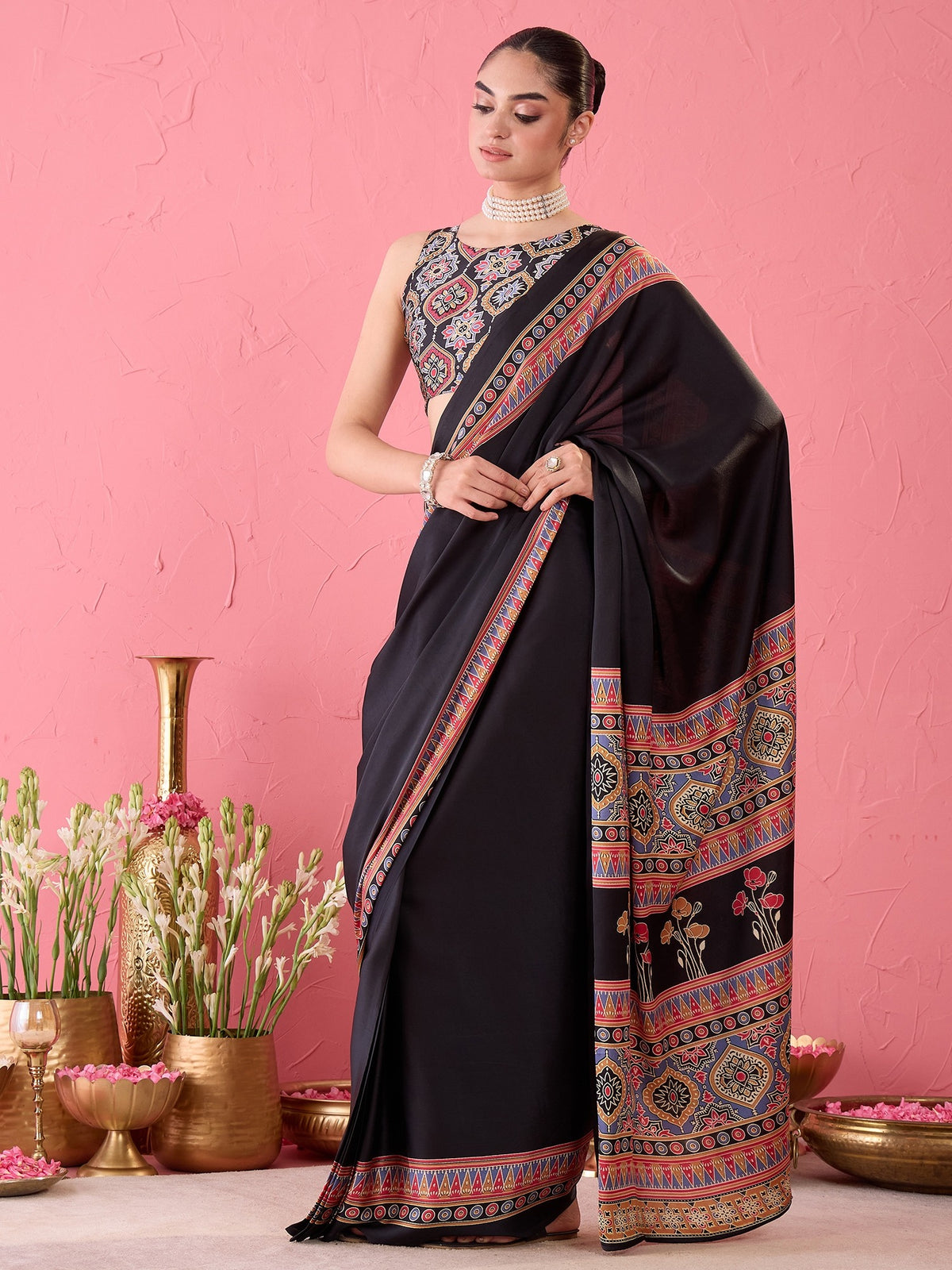 Black Satin saree – detail view 1
