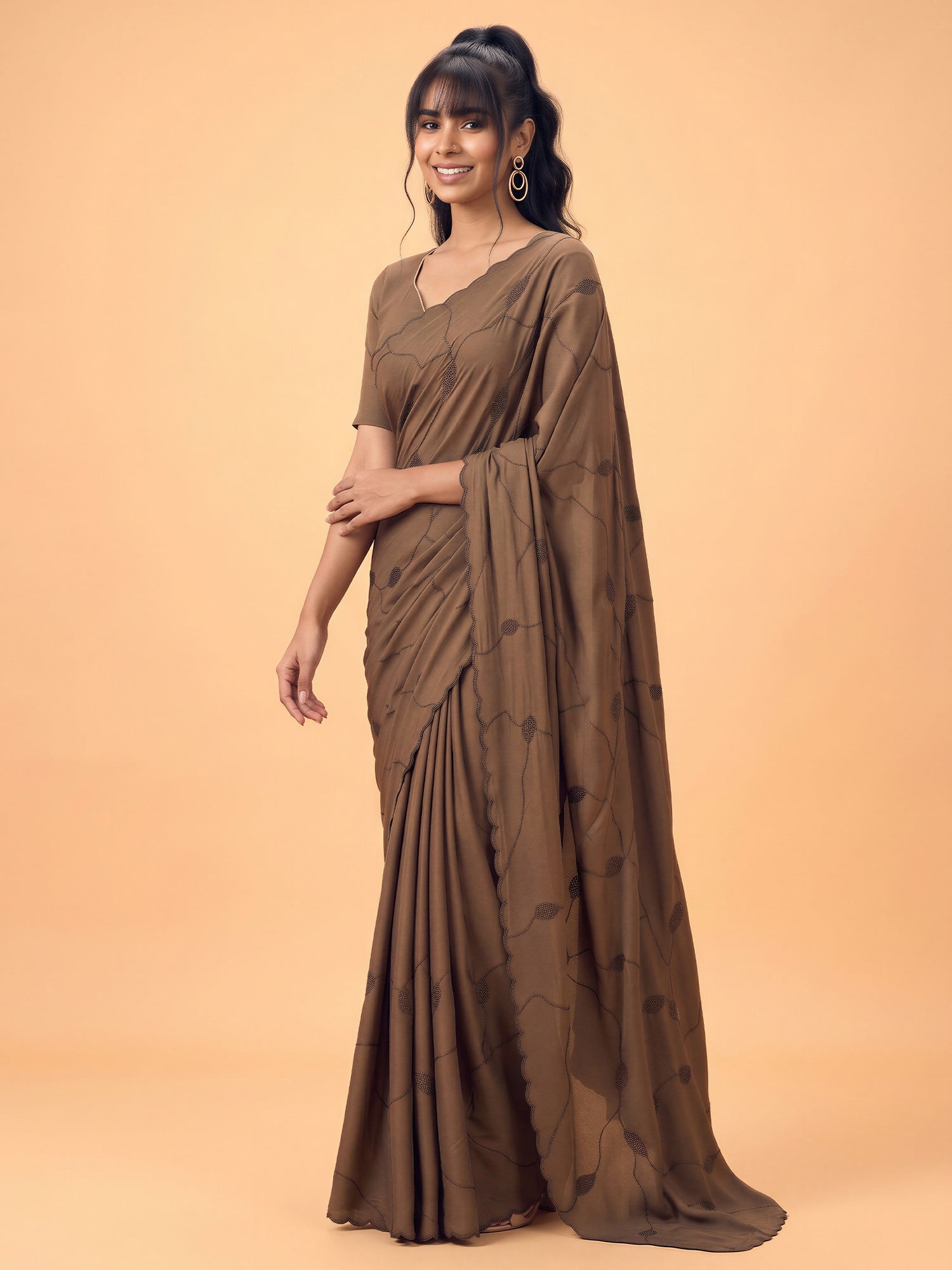 Coffee Brown Satin Silk saree – detail view 2