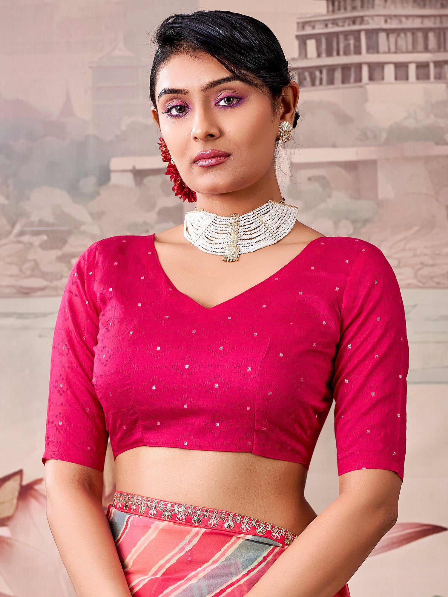 Unstitched pink georgette blouse piece with zari butta design