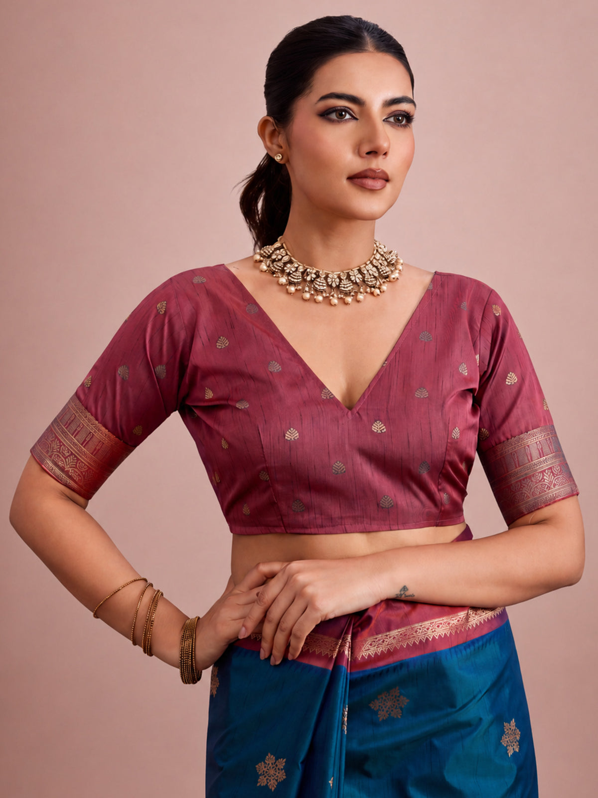 Unstitched maroon tussar silk blouse piece with ethnic motif design