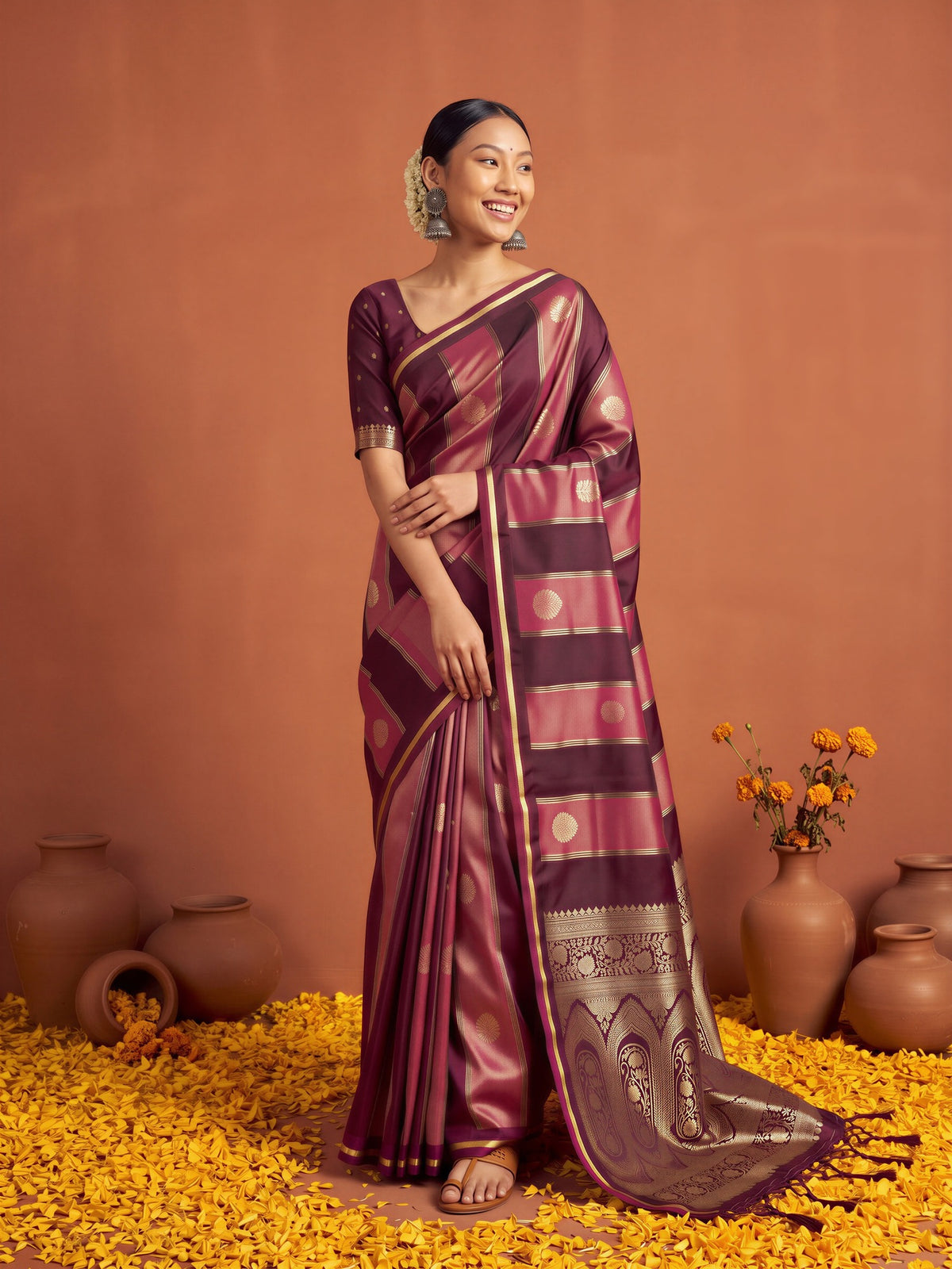 Wine Satin saree – detail view 2