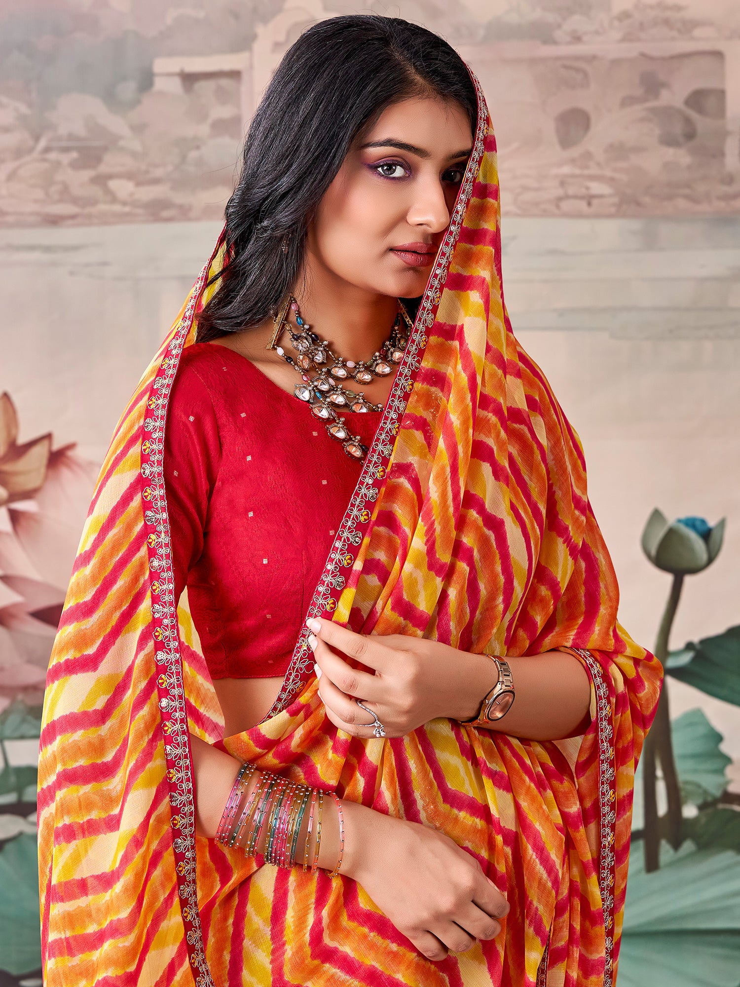 Orange Georgette saree – detail view 3