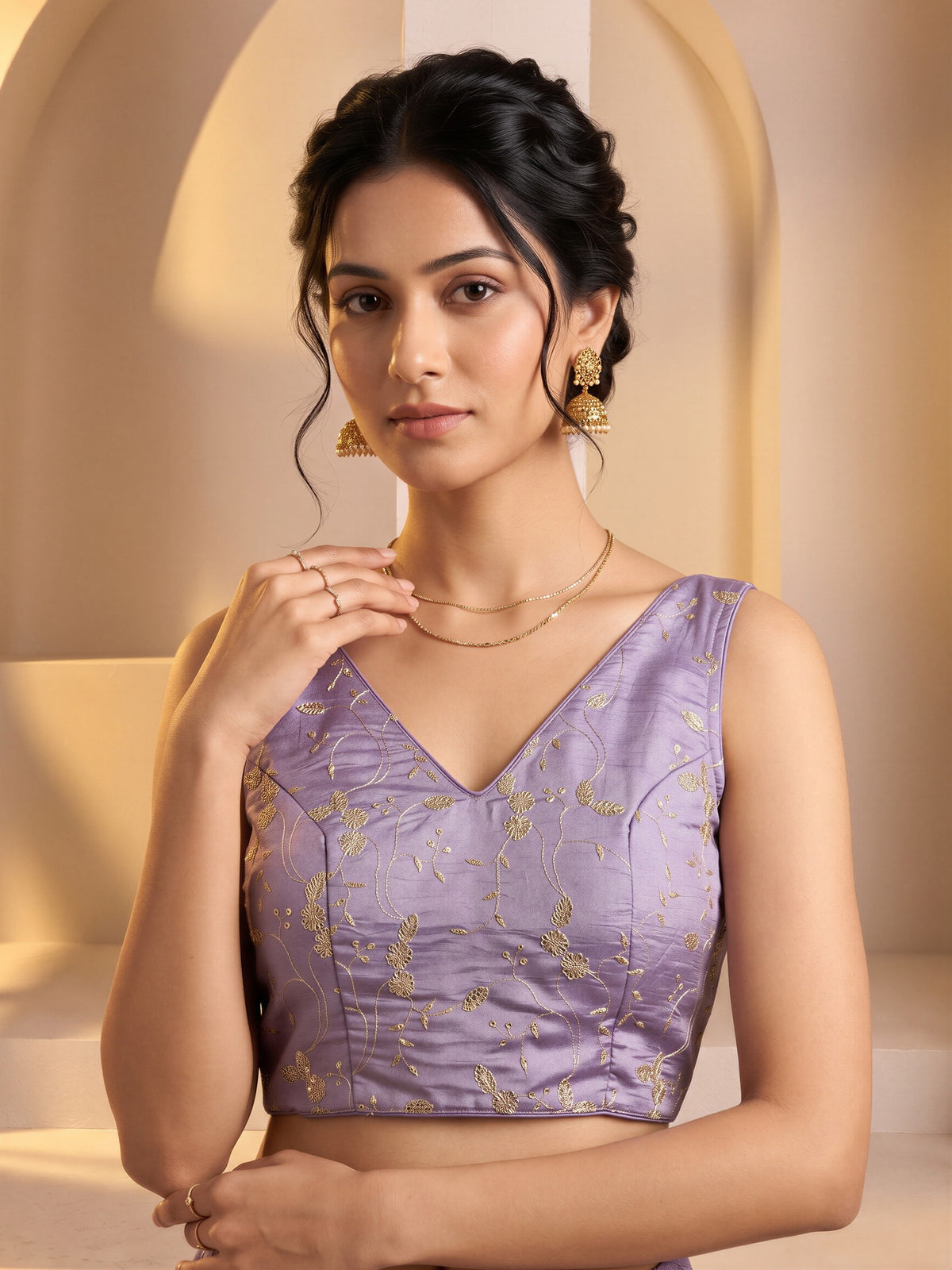 Lavender sequin embroidered vichitra silk sleeveless readymade saree blouse with v neck